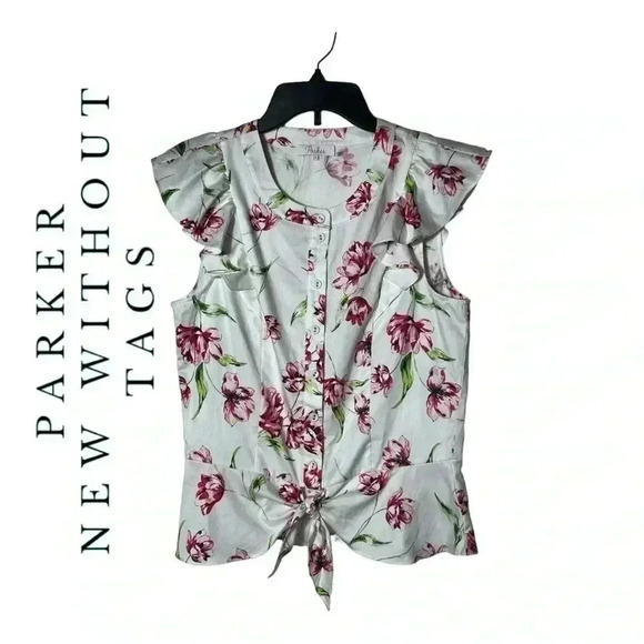 1860. PARKER BUTTON UP‎ RUFFLES AND TIE BLOUSE SIZE SMALL WHITE/FLORAL PATTERN - Picture 1 of 9